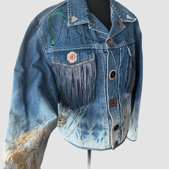 Vintage Roberto Cavalli 1980s tiger fringe denim jacket of dreams - Picture 7 of 13